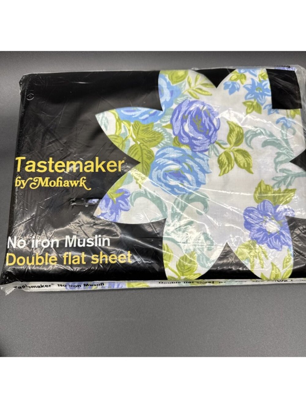 VTG NOS Blue Purple Floral Flower Rose Cottage Tastemaker Double Flat Sheet